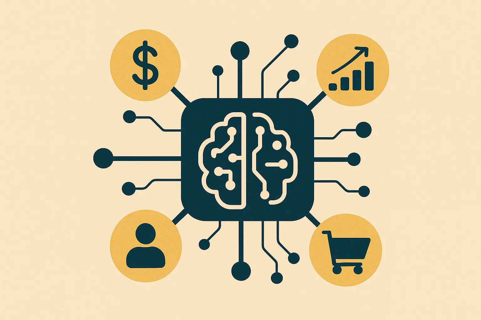 Ilustração de IA conectando vendas, clientes e crescimento no Google Ads