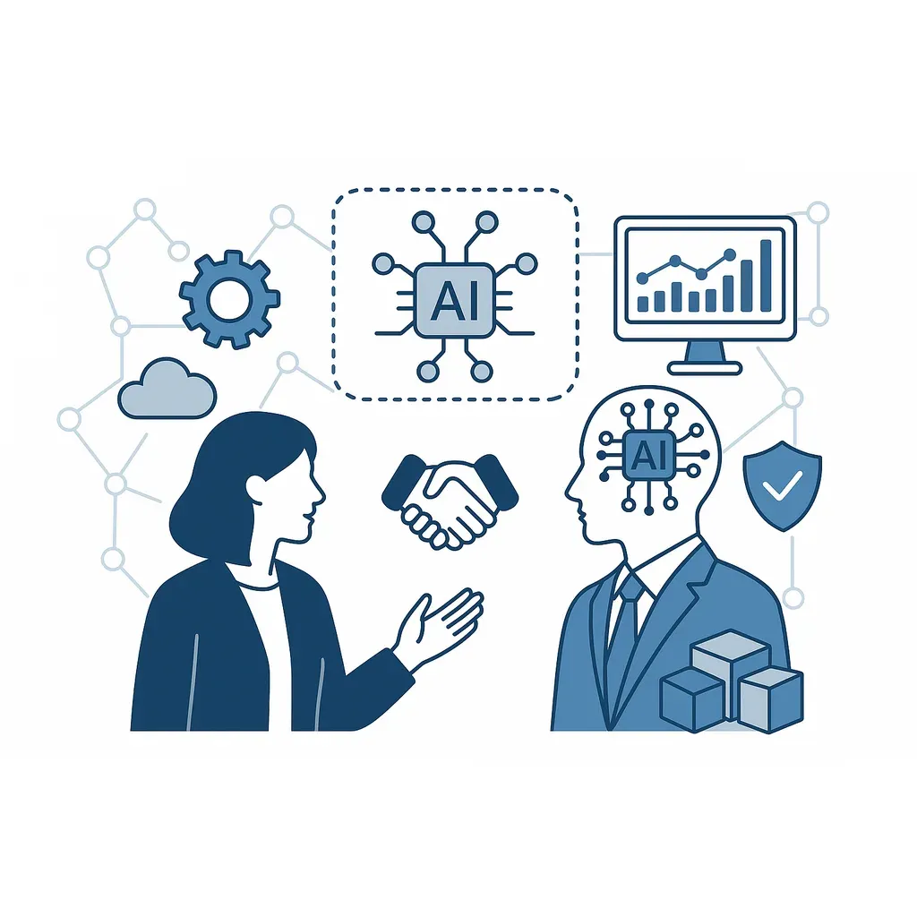 Réunion business & tech avec icônes IA, données et sécurité