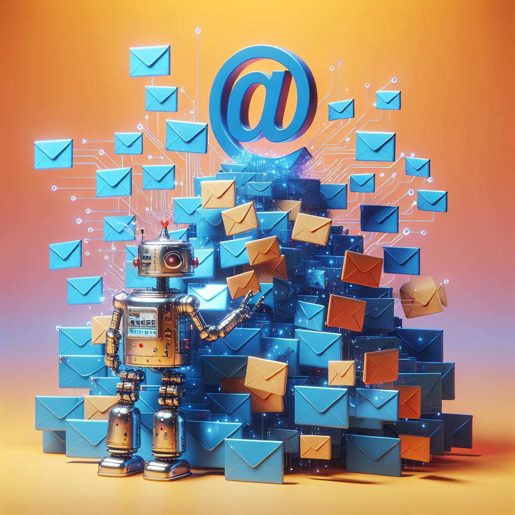 Robot organizing a pile of email envelopes, representing inbox automation and email triage