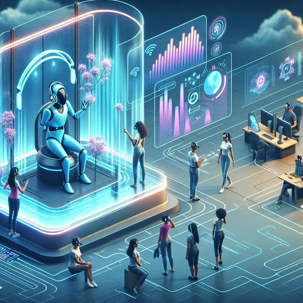 Voix off : analyse, cohérence et contrôle qualité Analyse vocale futuriste : cabine transparente et tableaux de mesure audio