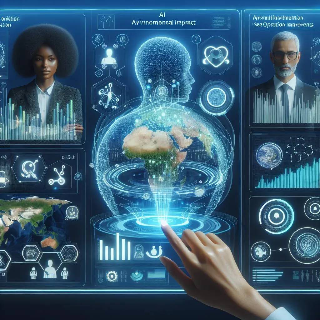 KPIs ESG e sustentabilidade com análise de IA Equipa a analisar KPIs ESG num painel com globo holográfico e gráficos ambientais